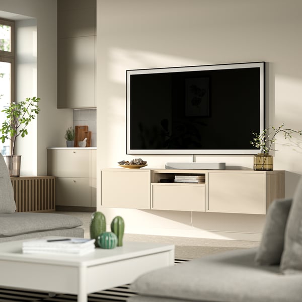 BESTÅ TV bench, white stained oak effect/Krukmakare beige, 70 7/8x16 1/2x15 3/8 "
