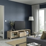 BESTÅ TV bench, white stained oak effect/Lappviken/Stubbarp wht stained oak effect clear glass, 70 7/8x16 1/2x18 7/8 "