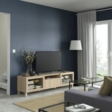 BESTÅ TV bench, white stained oak effect/Lappviken/Stubbarp wht stained oak effect clear glass, 70 7/8x16 1/2x18 7/8 "