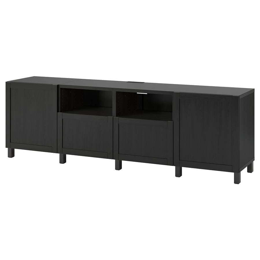 BESTÅ TV bench with doors and drawers, black-brown/Hanviken/Stubbarp black-brown, 94 1/2x16 1/2x29 1/8 "