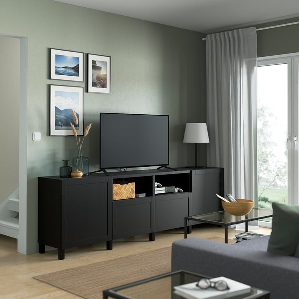 BESTÅ TV bench with doors and drawers, black-brown/Hanviken/Stubbarp black-brown, 94 1/2x16 1/2x29 1/8 "