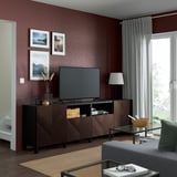 BESTÅ TV bench with doors and drawers, black-brown Hedeviken/Stubbarp/dark brown stained oak veneer, 94 1/2x16 1/2x29 1/8 "