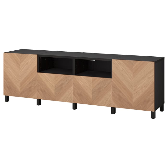 BESTÅ TV bench with doors and drawers, blackbrown/Hedeviken/Stubbarp oak veneer, 941/2x161