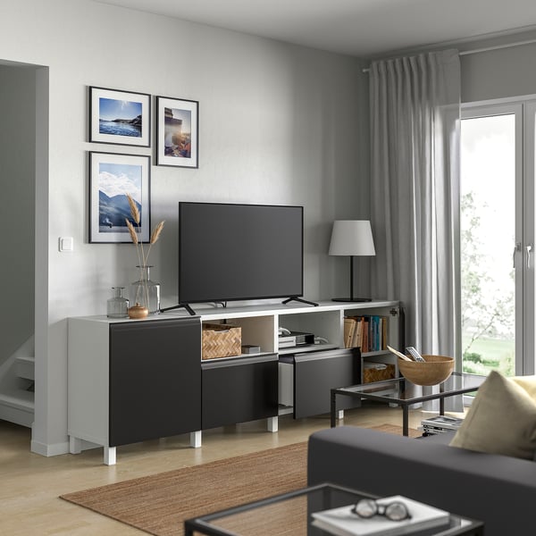 BESTÅ TV bench with doors and drawers, white/Hammarsmed/Stubbarp anthracite, 94 1/2x16 1/2x29 1/8 "
