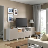 BESTÅ TV bench with doors and drawers, white/Hammarsmed/Stubbarp beige, 94 1/2x16 1/2x29 1/8 "