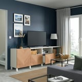BESTÅ TV bench with doors and drawers, white/Hedeviken/Stubbarp oak veneer, 94 1/2x16 1/2x29 1/8 "