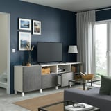 BESTÅ TV bench with doors and drawers, white/Kallviken/Stubbarp dark gray, 94 1/2x16 1/2x29 1/8 "