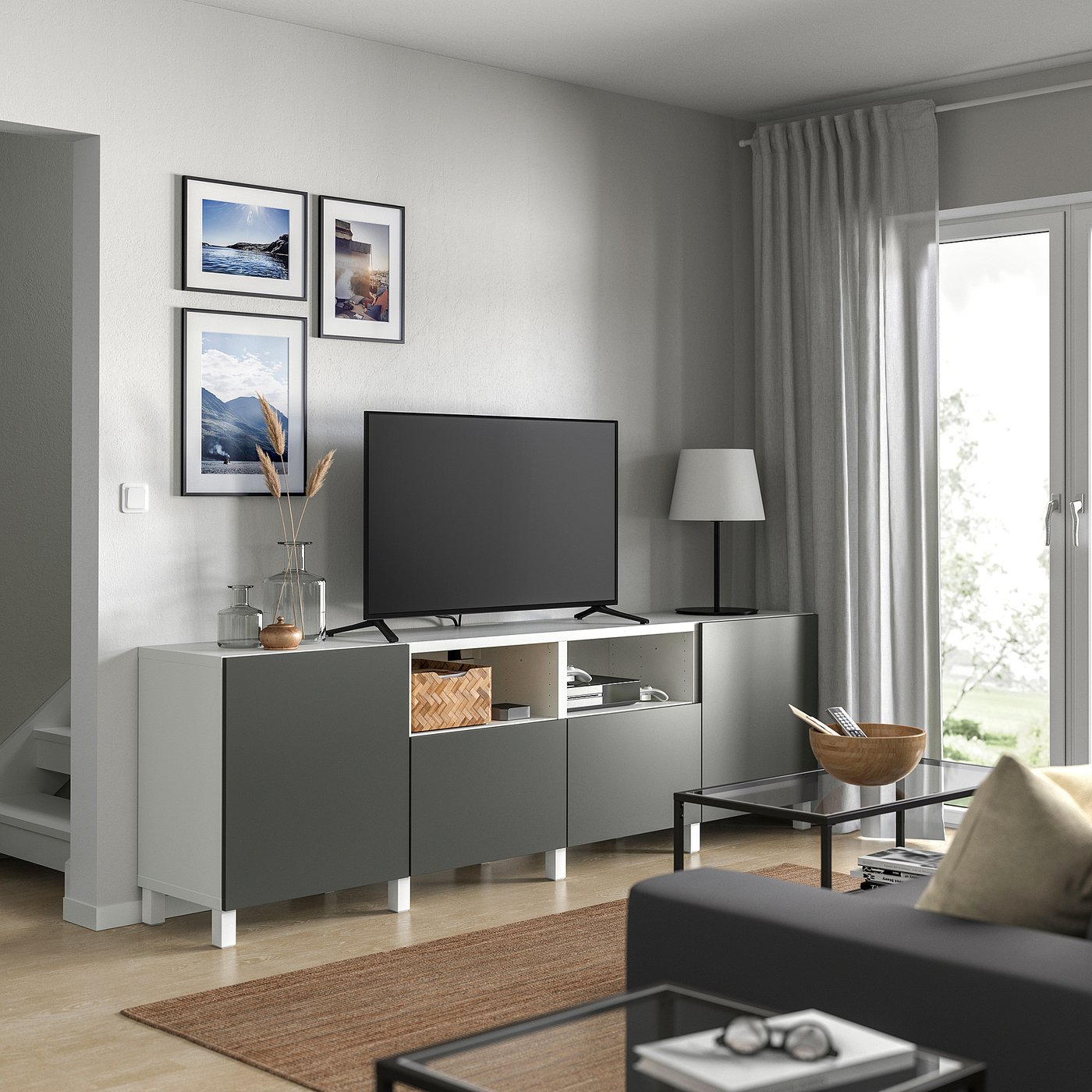 BESTÅ TV bench with doors and drawers, white/Lappviken/Stubbarp