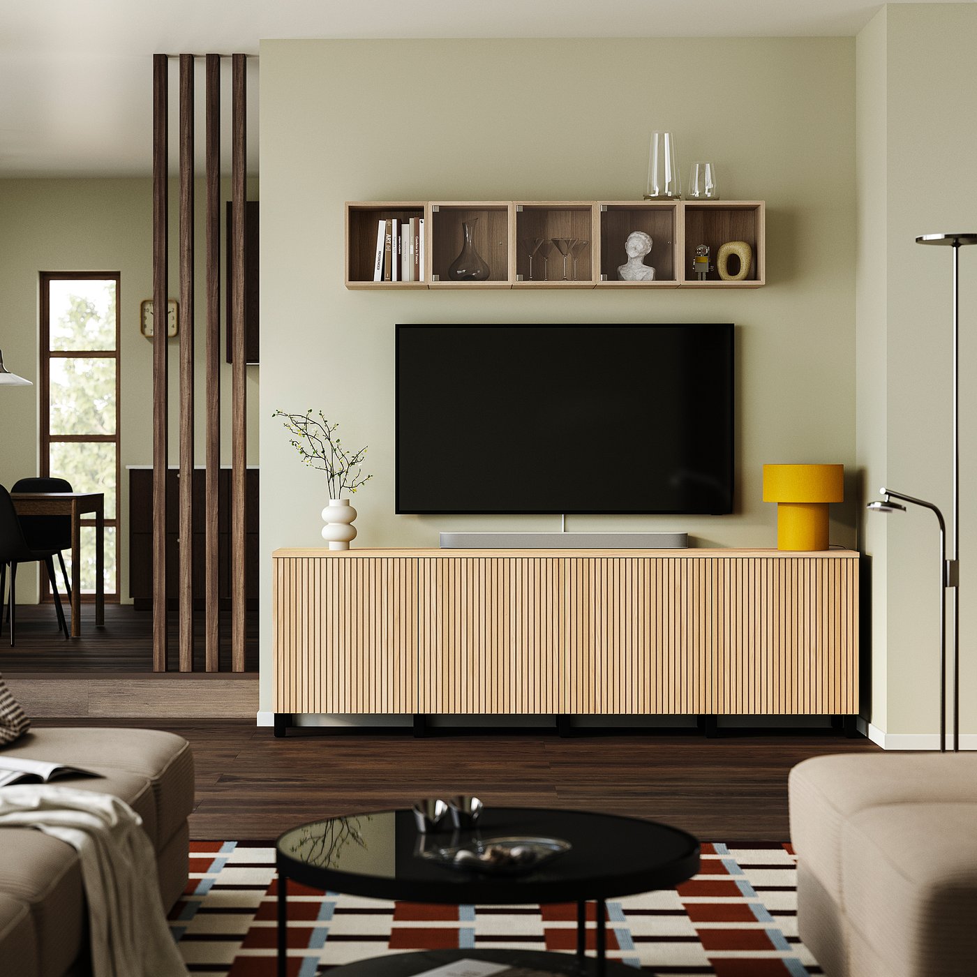BESTÅ TV bench with doors, black-brown/Björköviken/Stubbarp oak