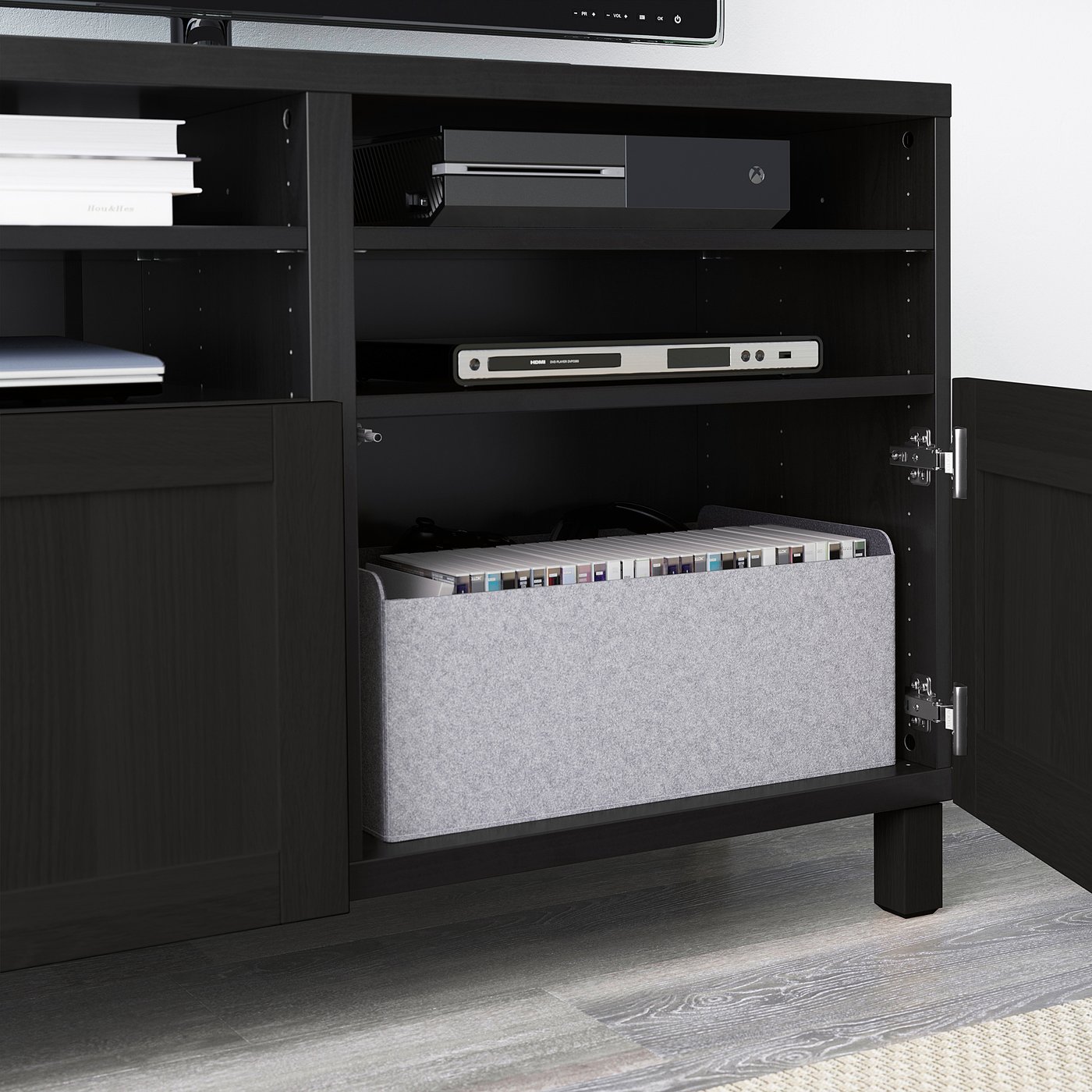 BESTÅ TV bench with doors, black-brown/Hanviken/Stubbarp black
