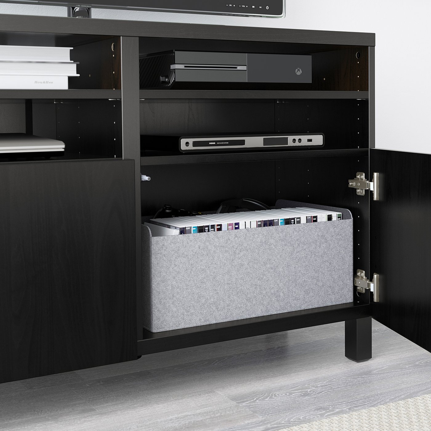 BESTÅ TV bench with doors, black-brown/Hedeviken/Stubbarp oak
