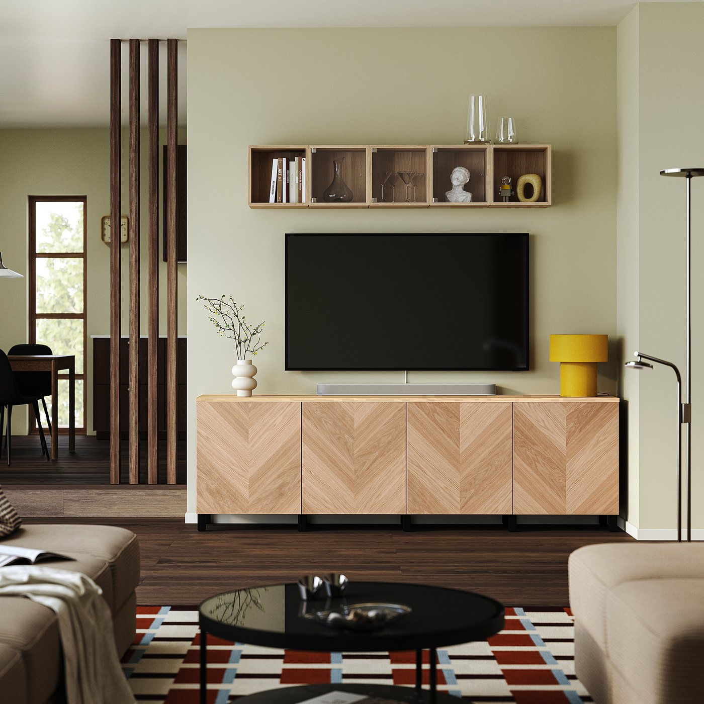 BESTÅ TV bench with doors, black-brown/Hedeviken/Stubbarp oak