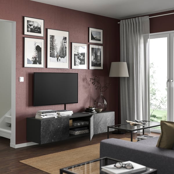 BESTÅ TV bench with doors, dark gray/Bergsviken black, 70 7/8x16 1/2x15 "