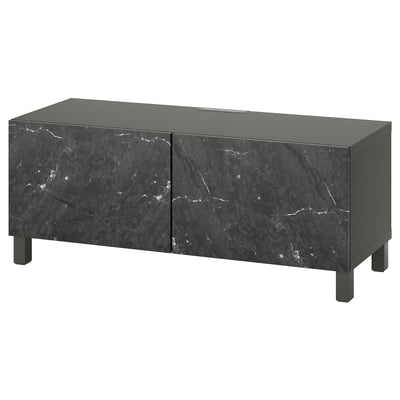 Black marble-effect BESTÅ tv bench with two doors, rectangular, modern design.