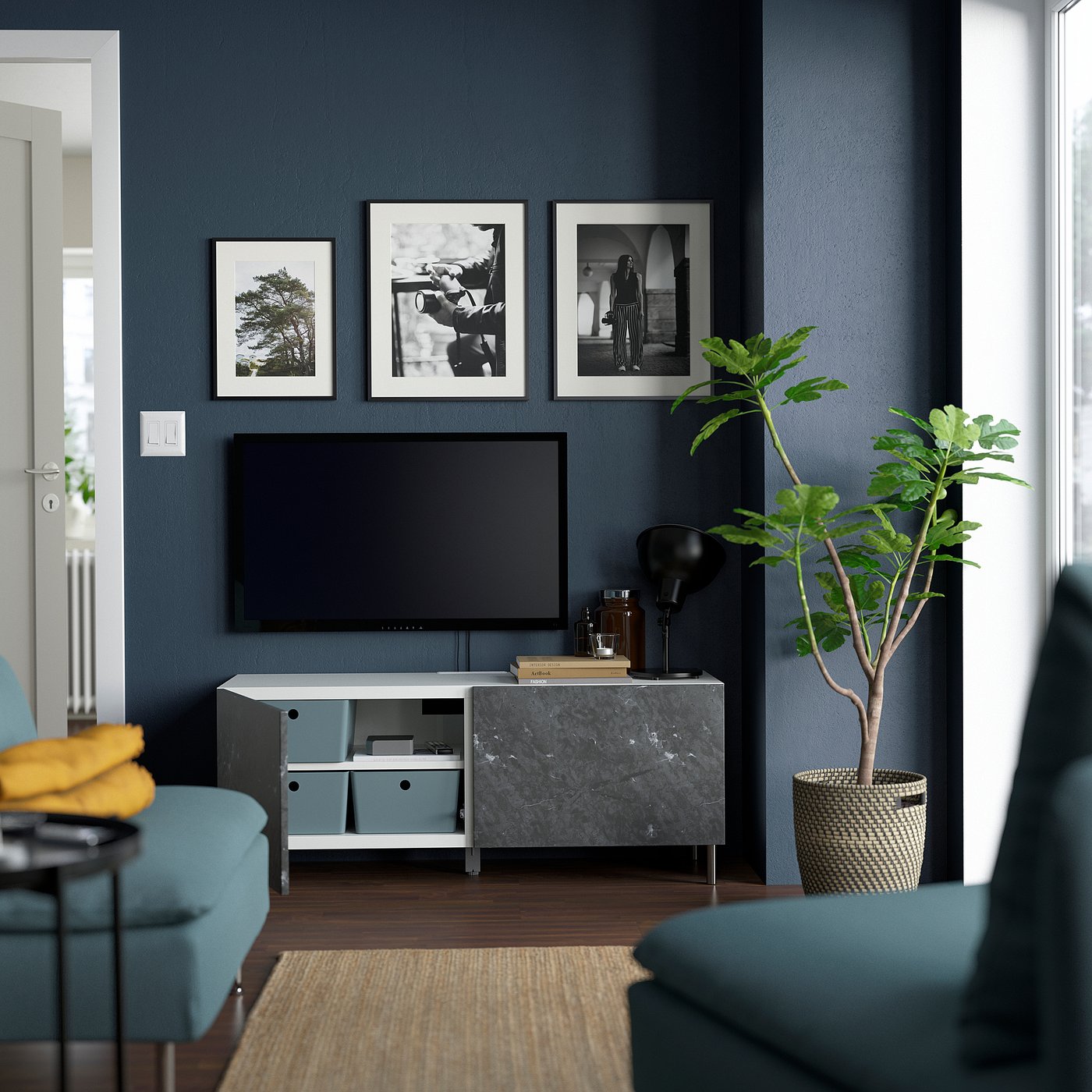 BESTÅ TV bench with doors, white Bergsviken/Ösarp/black, 471/4x161