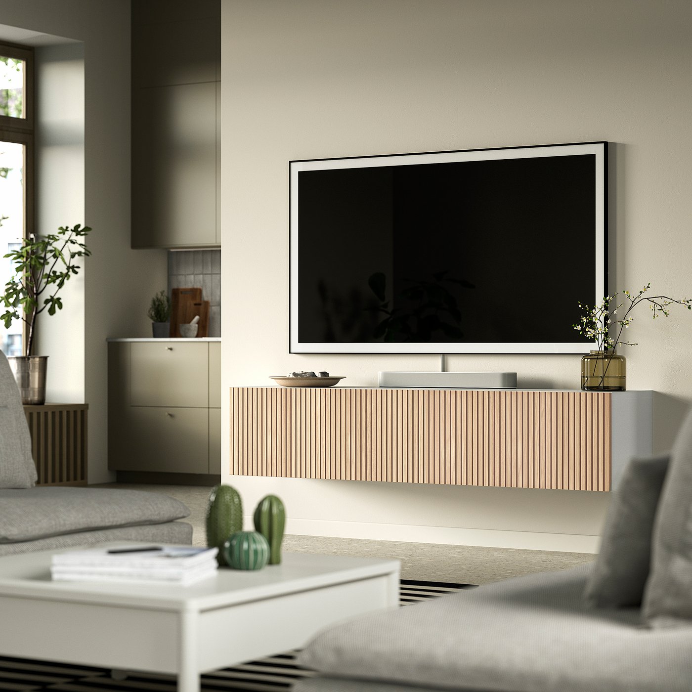 BESTÅ TV bench with doors, white Björköviken/oak veneer, 707/8x161