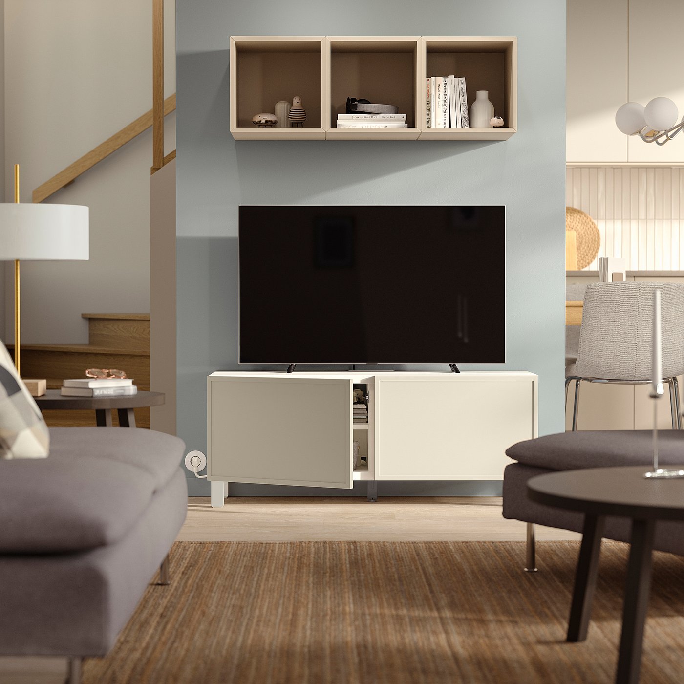 BESTÅ TV bench with doors, white/Krukmakare beige, 471/4x161/2x187