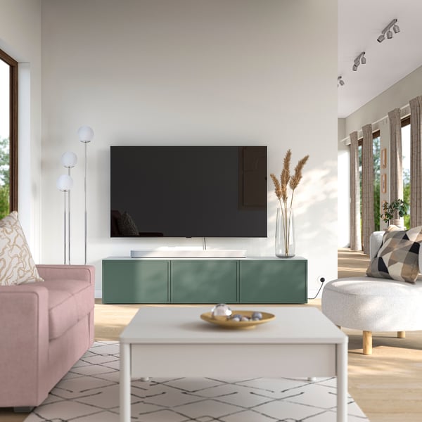 BESTÅ TV bench with doors, white/Krukmakare dark gray-green, 70 7/8x16 1/2x15 "