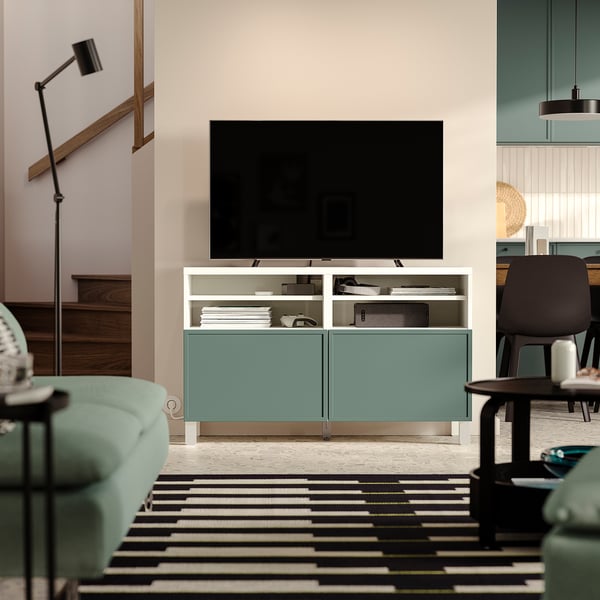 BESTÅ TV bench with doors, white/Krukmakare dark gray-green, 47 1/4x16 1/2x29 1/8 "