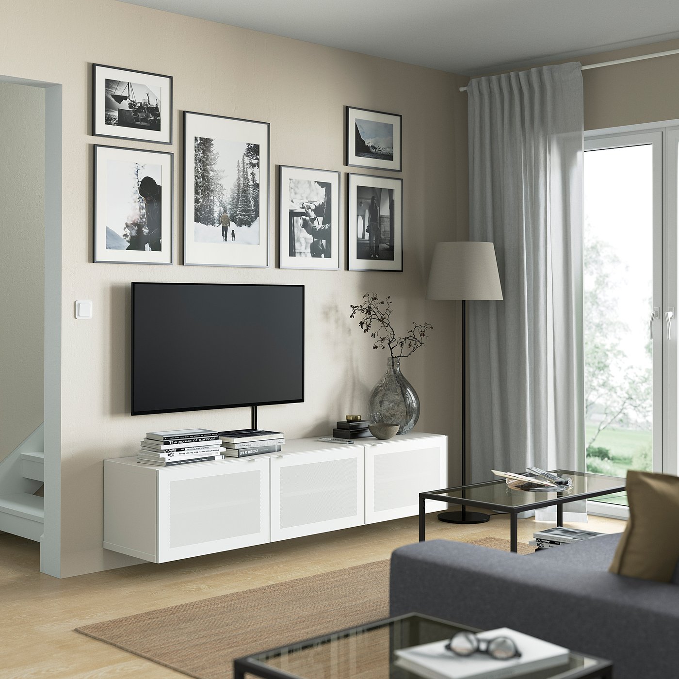 BESTÅ TV bench with doors, white/Mörtviken white, 707/8x161/2x15
