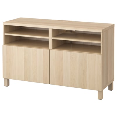 BESTÅ TV bench with doors, white stained oak effect/Lappviken/Stubbarp white stained oak effect, 47 1/4x16 1/2x29 1/8 "