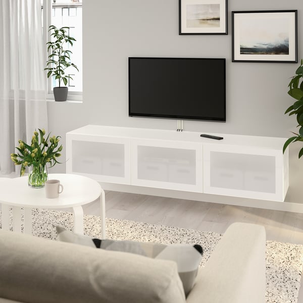 Besta Tv Unit With Doors White Glassvik Frosted Glass Ikea