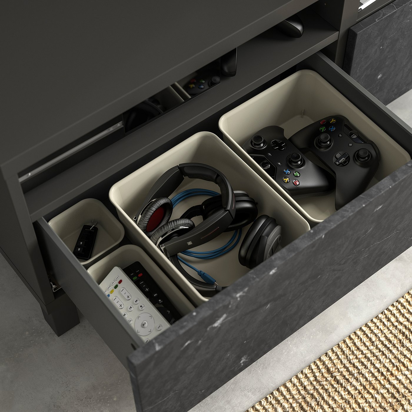 BESTÅ TV bench with drawers, dark gray/Bergsviken/Stubbarp black