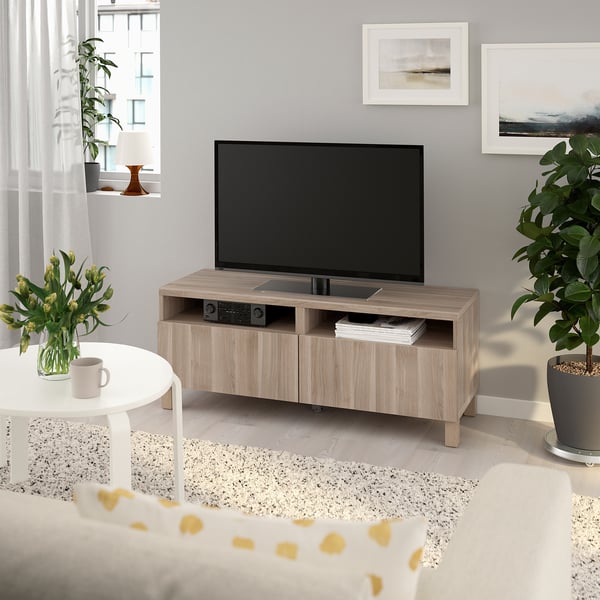 BESTÅ TV unit with drawers walnut effect light gray Lappviken