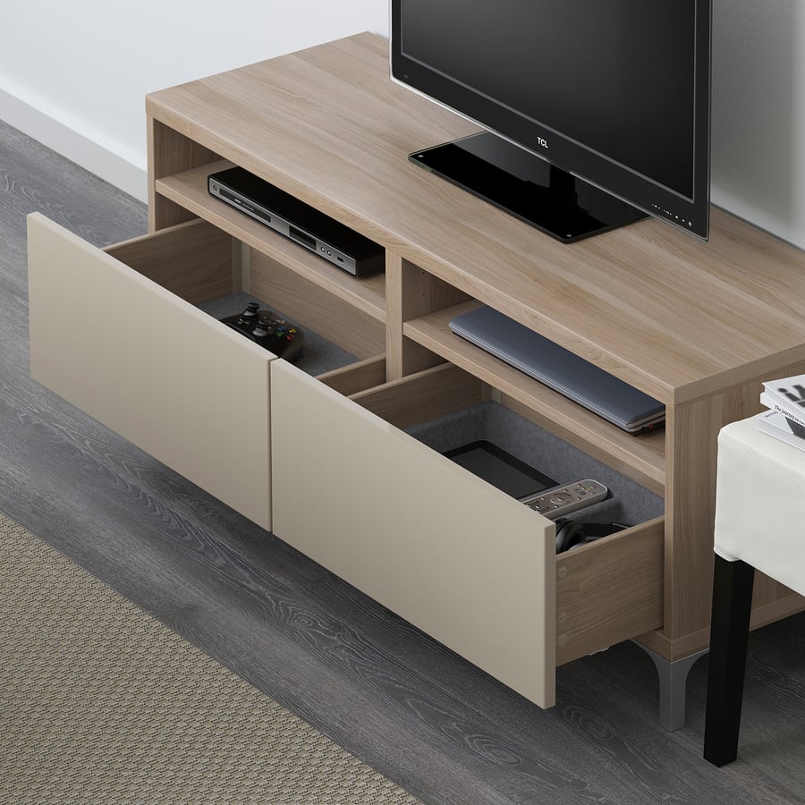 BESTÅ TV unit with drawers, walnut effect light gray, Selsviken high