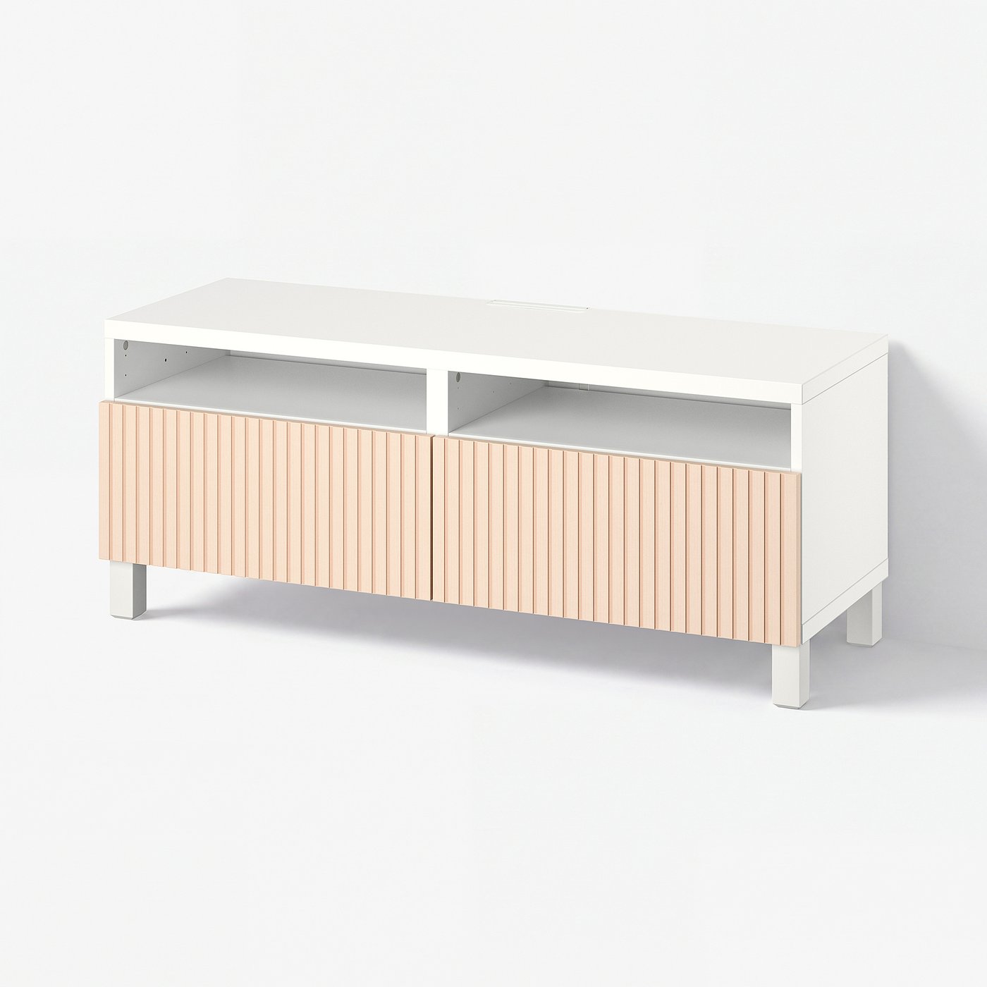 BESTÅ TV bench with drawers, white/Björköviken/Stubbarp birch