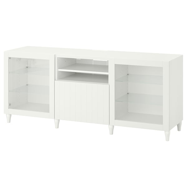 BESTÅ TV bench with drawers, white/Sutterviken/Kabbarp white clear glass, 70 7/8x16 1/2x29 1/8 "