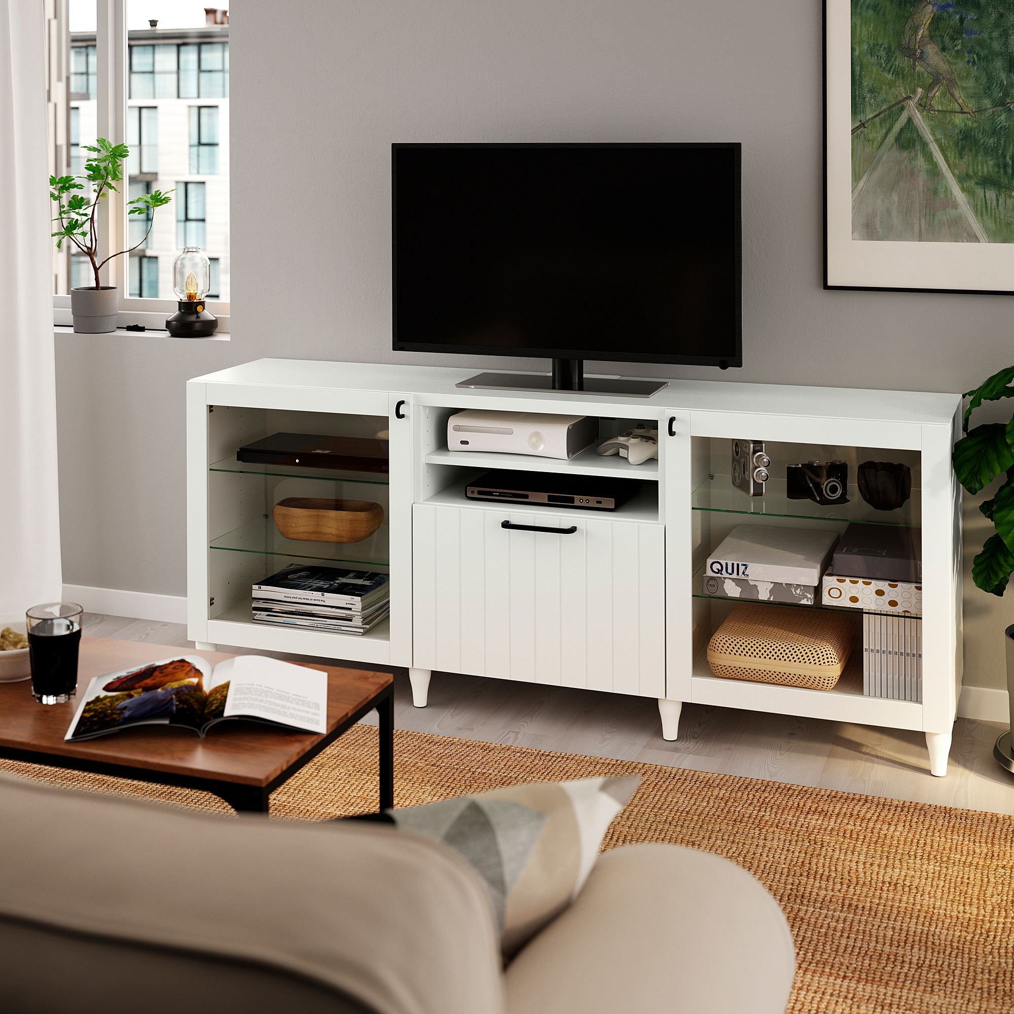 BESTÅ TV unit with drawers white, Sutterviken/Kabbarp white clear