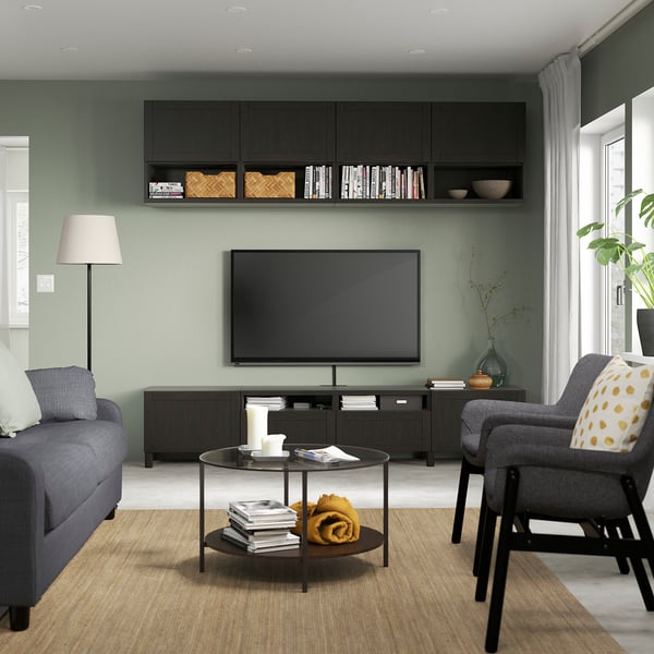 BESTÅ TV storage combination, black-brown/Hanviken/Stubbarp black-brown, 94 1/2x16 1/2x90 1/2 "