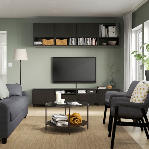 BESTÅ TV storage combination, black-brown/Lappviken/Stubbarp black-brown, 94 1/2x16 1/2x90 1/2 "