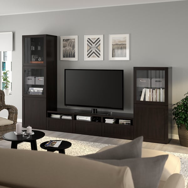 BESTÅ TV storage combination/glass doors, black-brown/Hanviken black-brown clear glass, 118 1/8x16 1/2x76 "