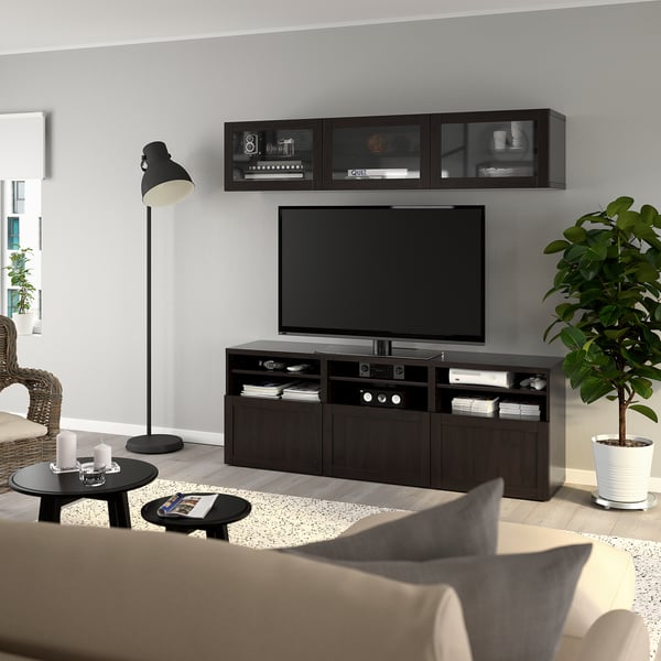 BESTÅ TV storage combination/glass doors, black-brown/Hanviken black-brown clear glass, 70 7/8x16 1/2x75 5/8 "