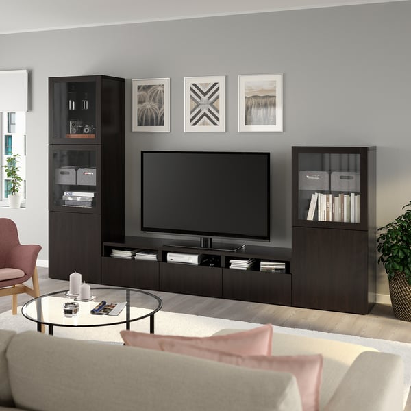 BESTÅ TV storage combination/glass doors, black-brown/Lappviken black-brown clear glass, 118 1/8x16 1/2x76 "
