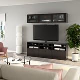 BESTÅ TV storage combination/glass doors, black-brown/Lappviken black-brown clear glass, 70 7/8x16 1/2x75 5/8 "