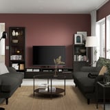 BESTÅ TV storage combination/glass doors, black-brown/Lappviken black-brown clear glass, 118 1/8x16 1/2x76 "