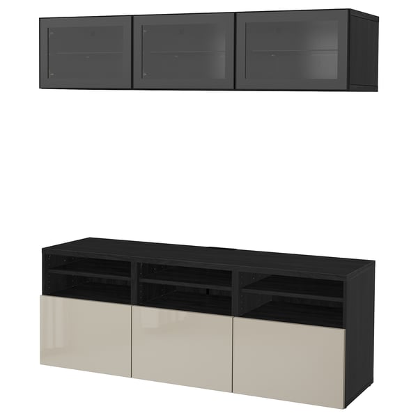 BESTÅ TV storage combination/glass doors, black-brown/Selsviken high gloss/beige clear glass, 70 7/8x16 1/2x75 5/8 "
