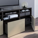 BESTÅ TV storage combination/glass doors, black-brown/Selsviken high gloss/beige clear glass, 70 7/8x16 1/2x75 5/8 "