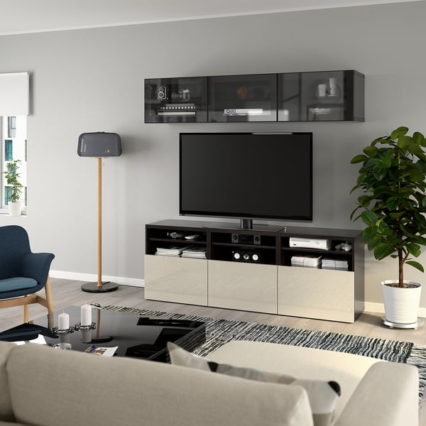 BESTÅ TV storage combination/glass doors, black-brown/Selsviken high gloss/beige clear glass, 70 7/8x16 1/2x75 5/8 "
