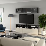BESTÅ TV storage combination/glass doors, black-brown/Selsviken high gloss/beige clear glass, 70 7/8x16 1/2x75 5/8 "