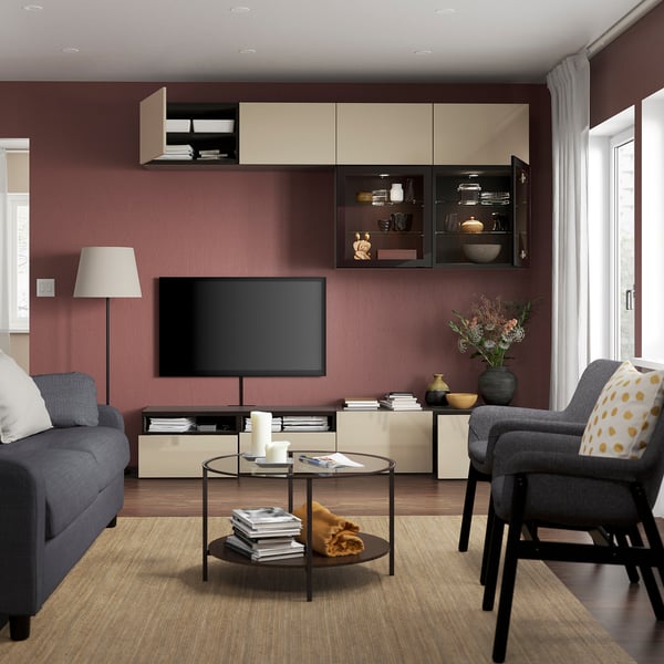 BESTÅ TV storage combination/glass doors, black-brown/Selsviken high gloss/beige clear glass, 94 1/2x16 1/2x91 "
