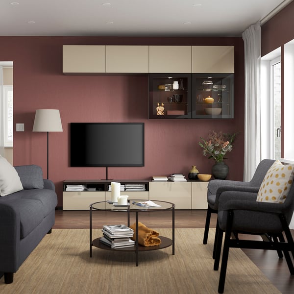 BESTÅ TV storage combination/glass doors, black-brown/Selsviken high gloss/beige clear glass, 94 1/2x16 1/2x91 "