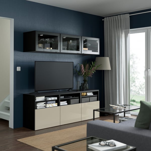 BESTÅ TV storage combination/glass doors, black-brown/Selsviken high gloss/beige clear glass, 70 7/8x16 1/2x75 5/8 "
