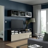 BESTÅ TV storage combination/glass doors, black-brown/Selsviken high gloss/beige clear glass, 70 7/8x16 1/2x75 5/8 "