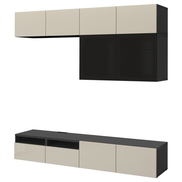 BESTÅ TV storage combination/glass doors, black-brown/Selsviken high gloss/beige smoked glass, 94 1/2x16 1/2x91 "