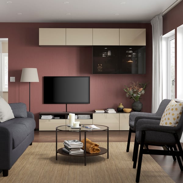 BESTÅ TV storage combination/glass doors, black-brown/Selsviken high gloss/beige smoked glass, 94 1/2x16 1/2x91 "