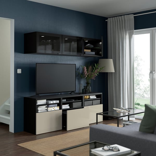 BESTÅ TV storage combination/glass doors, black-brown/Selsviken high gloss/beige smoked glass, 70 7/8x16 1/2x75 5/8 "